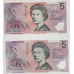 AUSTRALIA 1995 . FIVE 5 DOLLAR BANKNOTES . EVANS/FRASSER . CONSECUTIVE PAIR